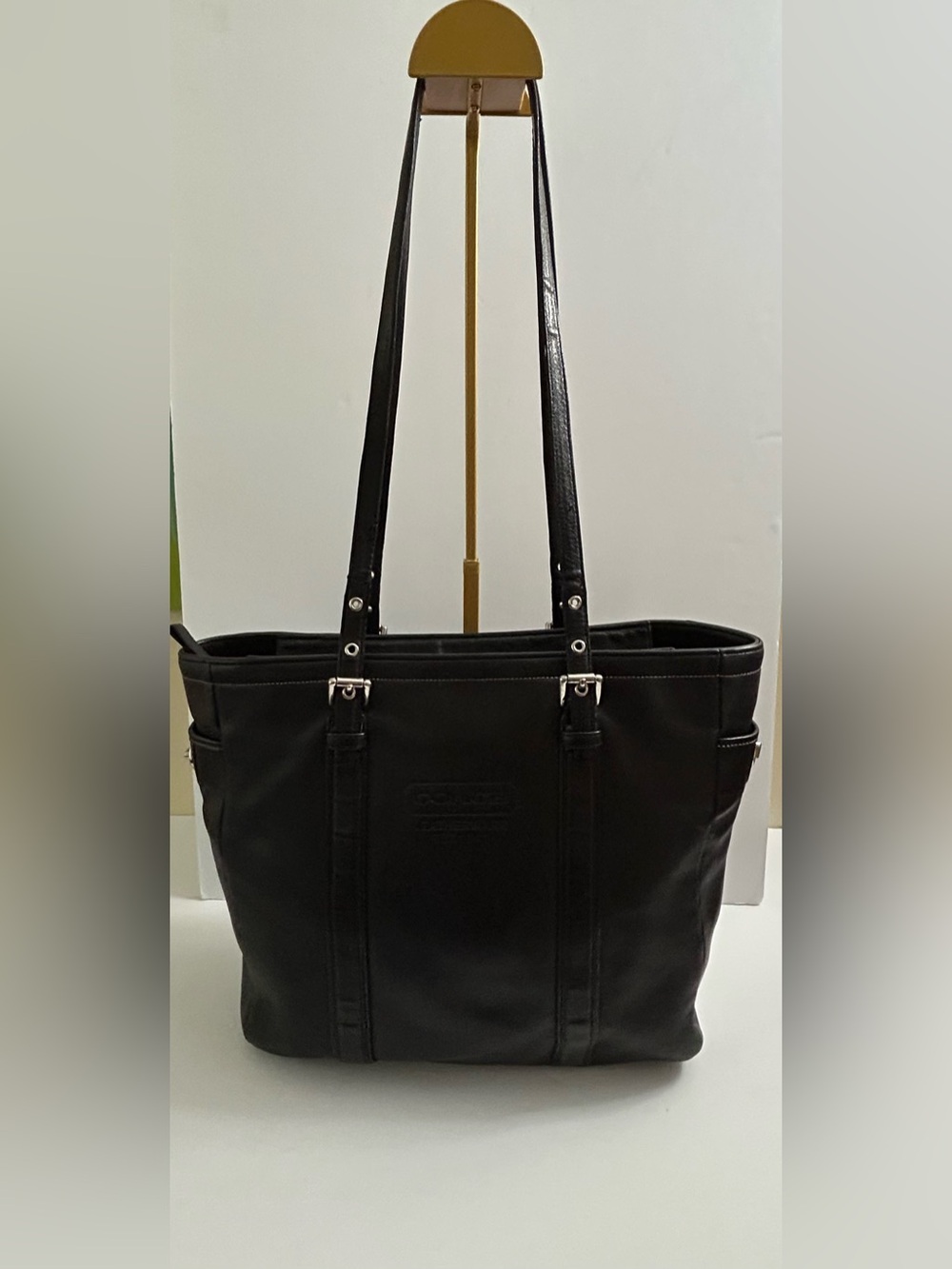 Coach 5128 Vintage Hampton Gallery Black Leather Tote with Silver Hardware